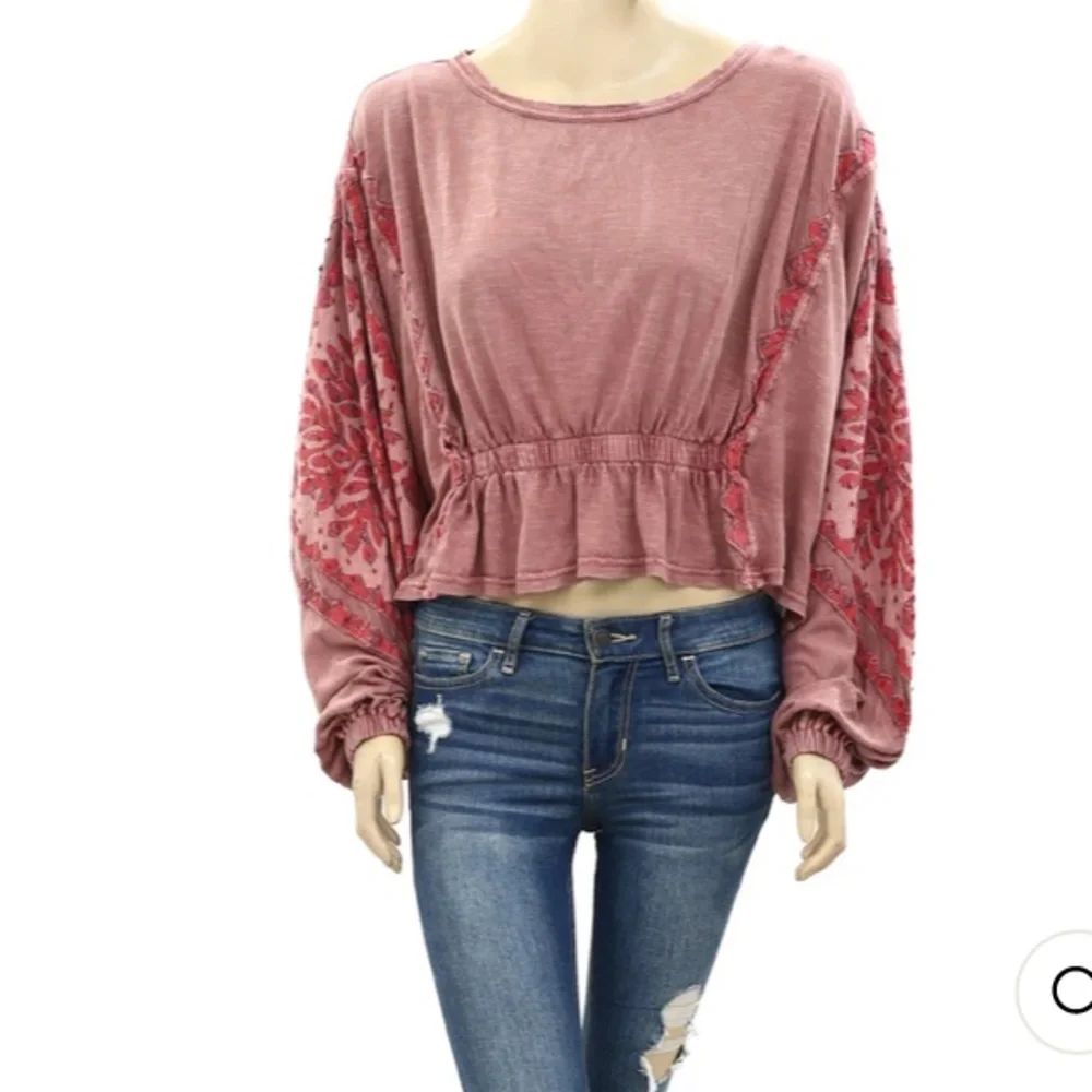 Free People Throwback Embroidered Cropped Blouse Top size S